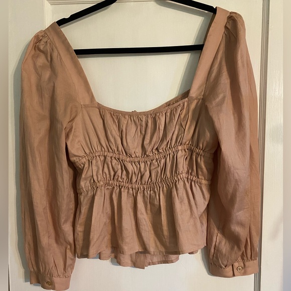 JCrew Cinched-waist in herringbone cotton pink blush square neck peasant top 8 - Picture 6 of 11